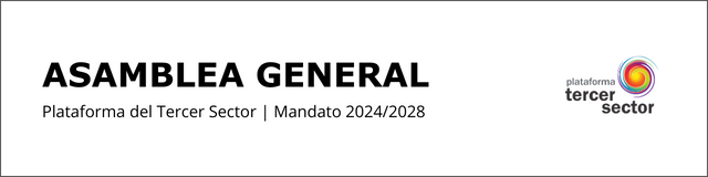 Imagen con título Asamblea General, Plataforma del Tercer Sector, mandato 2024-2028. Logo de la Plataforma del Tercer Sector.