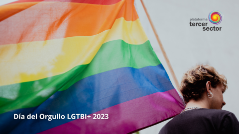 Día del Orgullo LGTBI+ 2023. La imagen es una persona portando la bandera LGTBI. 