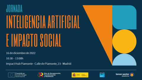 Imagen con el texto Jornada: Inteligencia Artificial e impacto social' y una ilustración de formas geométricas.