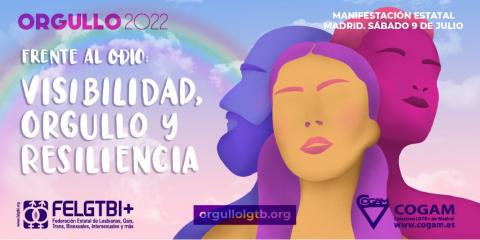Imagen oficial del Orgullo 2022 con el lema "Frente al odio: visibilidad, orgullo y resiliencia"