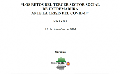 cartel con el título del Webinar “Los retos del Tercer Sector social de Extremadura ante la crisis del Covid-19”