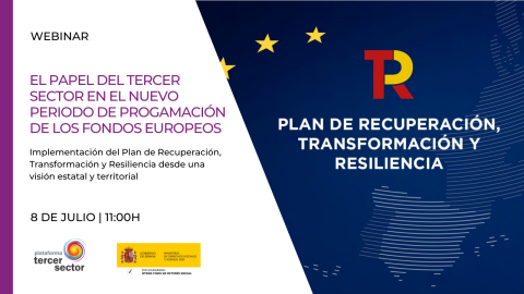 Imagen con el texto 'Webinar: Implementación del Plan de Recuperación, Transformación y Resiliencia desde una visión estatal y territorial'