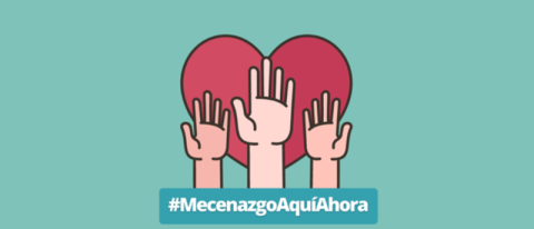 Imagen de la campaña Mecenazgo Aquí Ahora por la aprobación del Real Decreto-Ley que modifica la Ley de Mecenazgo. Se trata de una ilustración de tres manos con las palmas abiertas sobre un corazón rojo. 